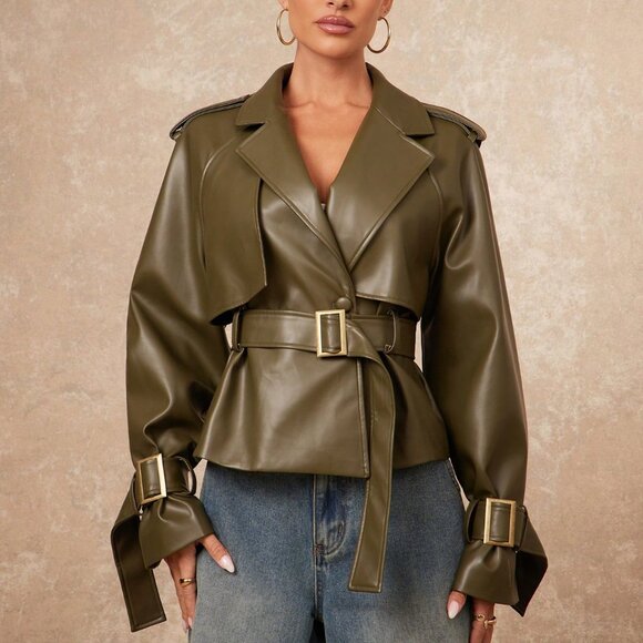 Army Green Casual Women's Long Sleeve faux leather mini Trench Coat - Picture 1 of 7